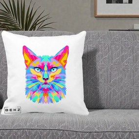 Perna Decorativa Pisica Pop Art Multicolor, 40x40 cm, Alba Mata, Husa Detasabila, Perna Inclusa, BEKZ®