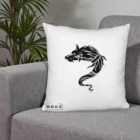 Perna Decorativa Lup Tribal Alb-Negru, 40x40 cm, Alb Pufos, Husa Detasabila, Perna Inclusa, BEKZ®