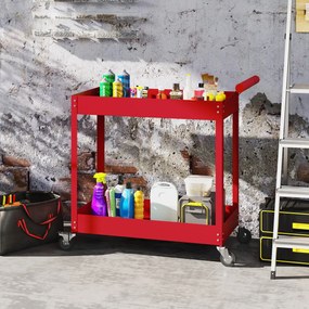 DURHAND Cărucior de atelier servantă atelier cu 2 niveluri, mâner lateral și roți blocabile, 84,5x38x84cm, roșu | Aosom Romania