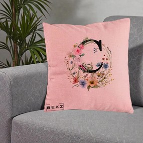 Cadou Personalizat - Perna Personalizata Monogram Litera C cu Flori Acuarela, 40x40 cm, Roz, Husa Detasabila, Perna Inclusa, BEKZ®