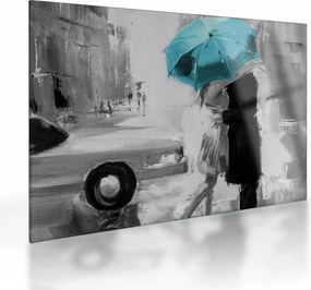 Tablou pe sticlă - Cuplu în dragoste cu umbrelă, albastru (70x50 cm)