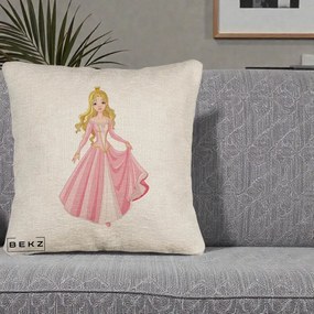 Perna Decorativa Printesa Aurora Rochie Roz, 40x40 cm, Bej Canapea, Husa Detasabila, Perna Inclusa, BEKZ®