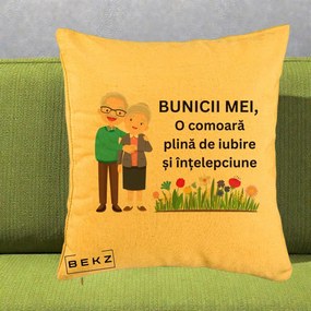 Cadou pentru Bunici - Perna Personalizata Bunicii Mei Comoara Cuplu Senior cu Flori Colorat, 40x40 cm, Galben, Husa Detasabila, Perna Inclusa, BEKZ®