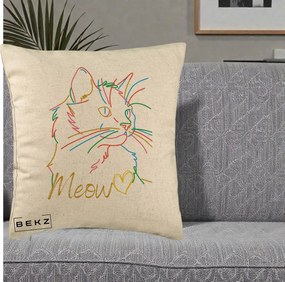 Perna Personalizata Pisica Meow Arta Linie Colorata, 40x40 cm, Bej, Husa Detasabila, Perna Inclusa, BEKZ®