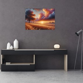 Tablou pe sticlă – Apus de soare pe câmp (70x50 cm)