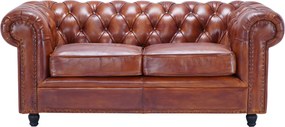 Canapea Chesterfield 2 locuri din piele naturală cognac, cu ținte decorative și picioare strunjite negre, 75 x 180 x 97 cm, „Classic Chic”