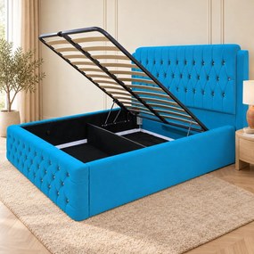 Pat tapițat Chesterfield din catifea Aveline Deluxe 160×200 cm, albastru deschis, cu ladă de depozitare