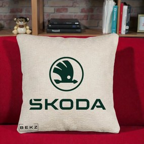 Perna Personalizata cu emblema Skoda, 40x40 cm, Bej Canapea, Husa Detasabila, Perna Inclusa, BEKZ®