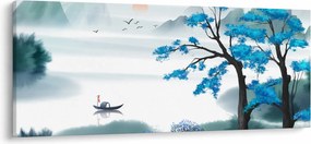 Tablou - Pictură, lac cu barcă (120x50 cm)