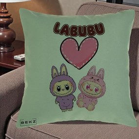 Perna Personalizata Labubu Cuplu Inima, 40x40 cm, Verde, Husa Detasabila, Perna Inclusa, BEKZ®