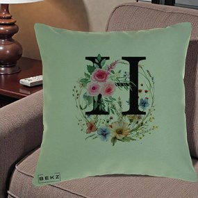 Cadou Personalizat - Perna Personalizata Monogram Litera H cu Flori Acuarela, 40x40 cm, Verde, Husa Detasabila, Perna Inclusa, BEKZ®
