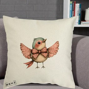 Perna Decorativa Pasare Roz cu Aripi si Fundita, 40x40 cm, Ecru, Husa Detasabila, Perna Inclusa, BEKZ®