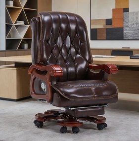 Regal Relax – Scaun directorial din Piele Naturală si Lemn Masiv, Masaj in 7 puncte, Funcție Încălzire, Înclinare 160°, Suport Picioare Extensibil, Sezut cu Arcuri, Telecomandă, Maro Inchis