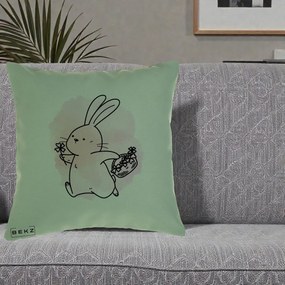 Perna Decorativa Iepuras Kawaii cu Cosulet Floral, 40x40 cm, Verde, Husa Detasabila, Perna Inclusa, BEKZ®