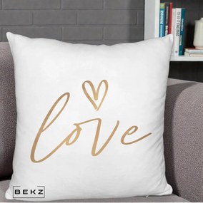 Perna Decorativa Love Caligrafie Aurie, 40x40 cm, Alb Pufos, Husa Detasabila, Perna Inclusa, BEKZ®