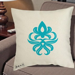 Perna Decorativa Ornament Turcoaz Fleur de Lis, 40x40 cm, Ecru, Husa Detasabila, Perna Inclusa, BEKZ®