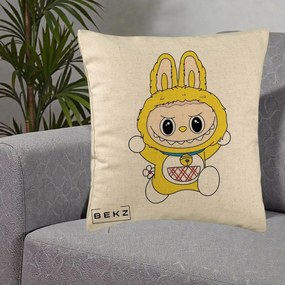 Perna Personalizata Labubu Galben Doraemon, 40x40 cm, Bej, Husa Detasabila, Perna Inclusa, BEKZ®