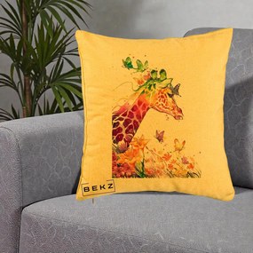 Perna Decorativa Girafa Curcubeu Acuarela, 40x40 cm, Galben, Husa Detasabila, Perna Inclusa, BEKZ®