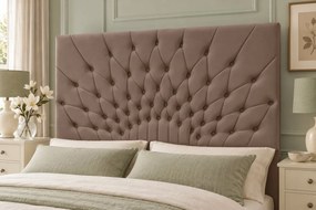 Pat tapițat Chesterfield din catifea Venezia 140×200 cm, cappuccino, cu ladă de depozitare