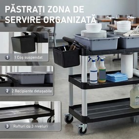 HOMCOM Carucior Profesional pentru Curățenie cu 3 Rafturi, 2 Recipiente Detașabile, Găleată Laterală și 4 Roți, Negru | Aosom Romania