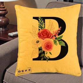 Cadou Personalizat - Perna Personalizata Monograma Florala Litera B, 40x40 cm, Galben, Husa Detasabila, Perna Inclusa, BEKZ®