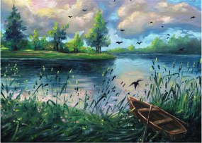 Tablou- Pictură în ulei, seară de vară lângă lac (70x50 cm)