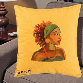 Perna Decorativa Portret Femeie Urbana Acuarela, 40x40 cm, Galben, Husa Detasabila, Perna Inclusa, BEKZ®