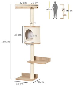 PawHut Copac pentru Pisici de Perete 38x30x149 cm cu Multiple Platforme din Lemn Vizuini Pat Superior Pernă Detașabilă Stâlpi Zgârietoare din Sisal Turn de Cățărat Bej și Stejar | Aosom Romania