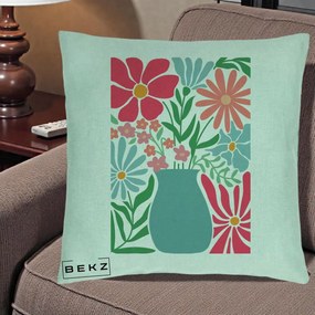 Perna Decorativa Flori in Vaza Turcoaz, 40x40 cm, Verde Menta, Husa Detasabila, Perna Inclusa, BEKZ®