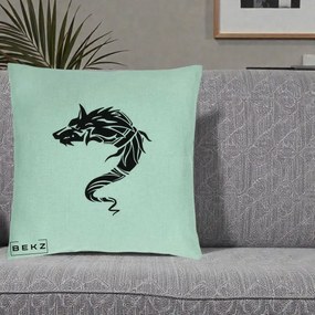 Perna Decorativa Lup Tribal Alb-Negru, 40x40 cm, Verde Menta, Husa Detasabila, Perna Inclusa, BEKZ®