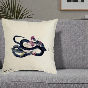 Perna Decorativa Sarpe Negru cu Flori Gothic, 40x40 cm, Ecru, Husa Detasabila, Perna Inclusa, BEKZ®