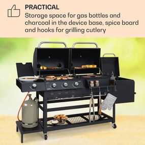Kingsville Smoker, grătar combinat, gaz, cărbune, afumător cu cărbune, 13,5 kW, 3+1 arzătoare, negru