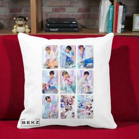 Perna Personalizata K-pop BTS Colaj 9 Fotografii Autografe Individual, 40x40 cm, Alba Mata, Husa Detasabila, Perna Inclusa, BEKZ®
