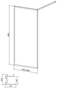 Paravan dus walk-in 120x200 cm Cersanit Larga, sticla securizata, profil crom 1200x2000 mm, Crom lucios