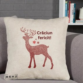 Perna Decorativa Ren Sclipitor Glitter Craciun Fericit, 40x40 cm, Bej Canapea, Husa Detasabila, Perna Inclusa, BEKZ®