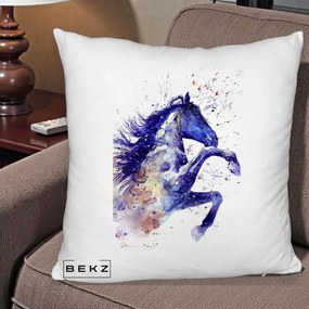 Perna Decorativa Cal Albastru Acuarela, 40x40 cm, Alb Pufos, Husa Detasabila, Perna Inclusa, BEKZ®