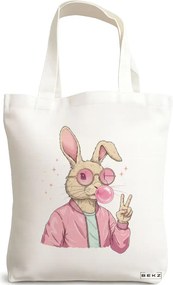 Sacosa de Panza pentru Cumparaturi, Geanta Tote, model Pinkie Peace 38 x 34.5 cm, Alba, BEKZ®