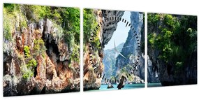 Tablou - Apă peisaj mediteranean cu barca (cu ceas) (90x30 cm)