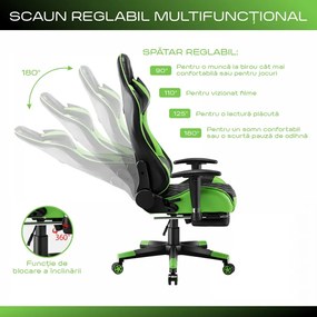 Scaun gaming, masaj in perna lombara, sezut benzi elastice sustinere suplimentara, cotiere 3D, suport picioare, funcție sezlong, 90-180 grade, Negru/Verde