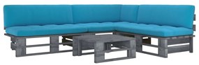 Set mobilier paleti cu perne, 4 buc., gri, lemn de pin tratat Albastru, colt + 2x mijloc + masa, Gri, 1