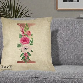 Cadou Personalizat - Perna Personalizata Monograma Rose Gold Litera I, 40x40 cm, Crem, Husa Detasabila, Perna Inclusa, BEKZ®