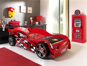 Set Cameră Auto pentru Copii: Pat Mașină de Curse NIGHT SPEEDER și Dulap Benzinărie, 2 Piese, Roșu (MDF) – Vipack