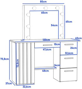 Masuta machiaj culoarea Stejar, cu Oglinda LED si 4 Sertare pentru Cosmetice, Set Masa toaleta 120 cm, Stejar, masuta vanity cu Riflaj, cosmetica -