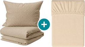 Set lenjerie de pat din creponat TAUPEXA maro deschis + cearsaf Jersey 180 x 200 cm bej deschis, pat dublu