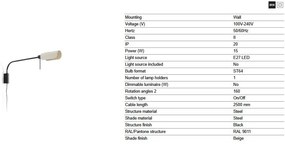 Aplica metal stil retro abajur ajustabil MARTINICA XL negru, bej