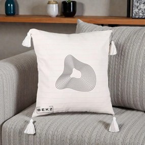 Perna Decorativa Abstract Linii Organice, 40x40 cm, Bej cu Franjuri, Husa Detasabila, Perna Inclusa, BEKZ®