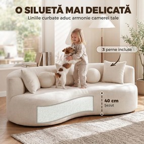 HOMCOM Canapea 3 locuri fără cadru, cu șezut amplu și adânc, spătar curbat, 2 perne, chenille, crem | Aosom Romania