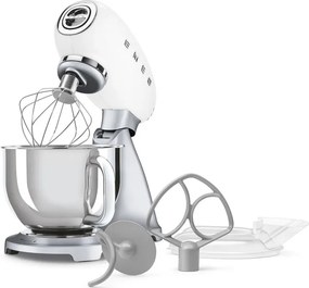 Mixer planetar Smeg SMF04WHEU, 800 W, 4,8 l, 10 viteze, funcție de pornire treptată, picioare antiderapante, alb/inoxidabil