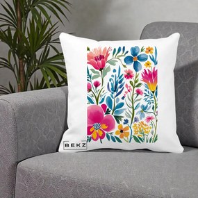 Perna Decorativa Gradina Florala Acuarela Colorata, 40x40 cm, Alba Mata, Husa Detasabila, Perna Inclusa, BEKZ®