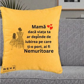 Cadou pentru Mama - Perna Personalizata Mama Nemuritoare Line Art, 40x40 cm, Galben, Husa Detasabila, Perna Inclusa, BEKZ®